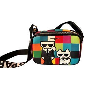 Karl Lagerfeld Multicolor Crossbody Bag W/ Checkered Print & Cartoon Graphic
